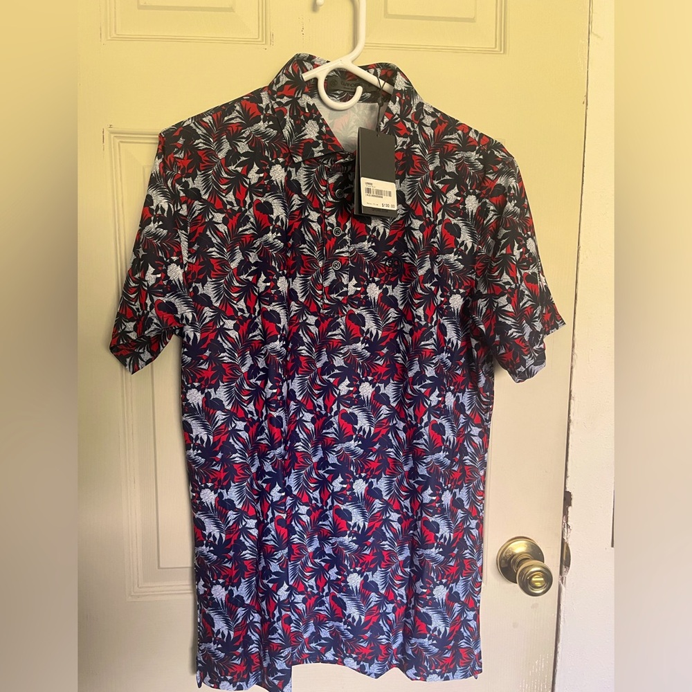 G/FORE Men's Vibrant Red and Black Patterned Polo